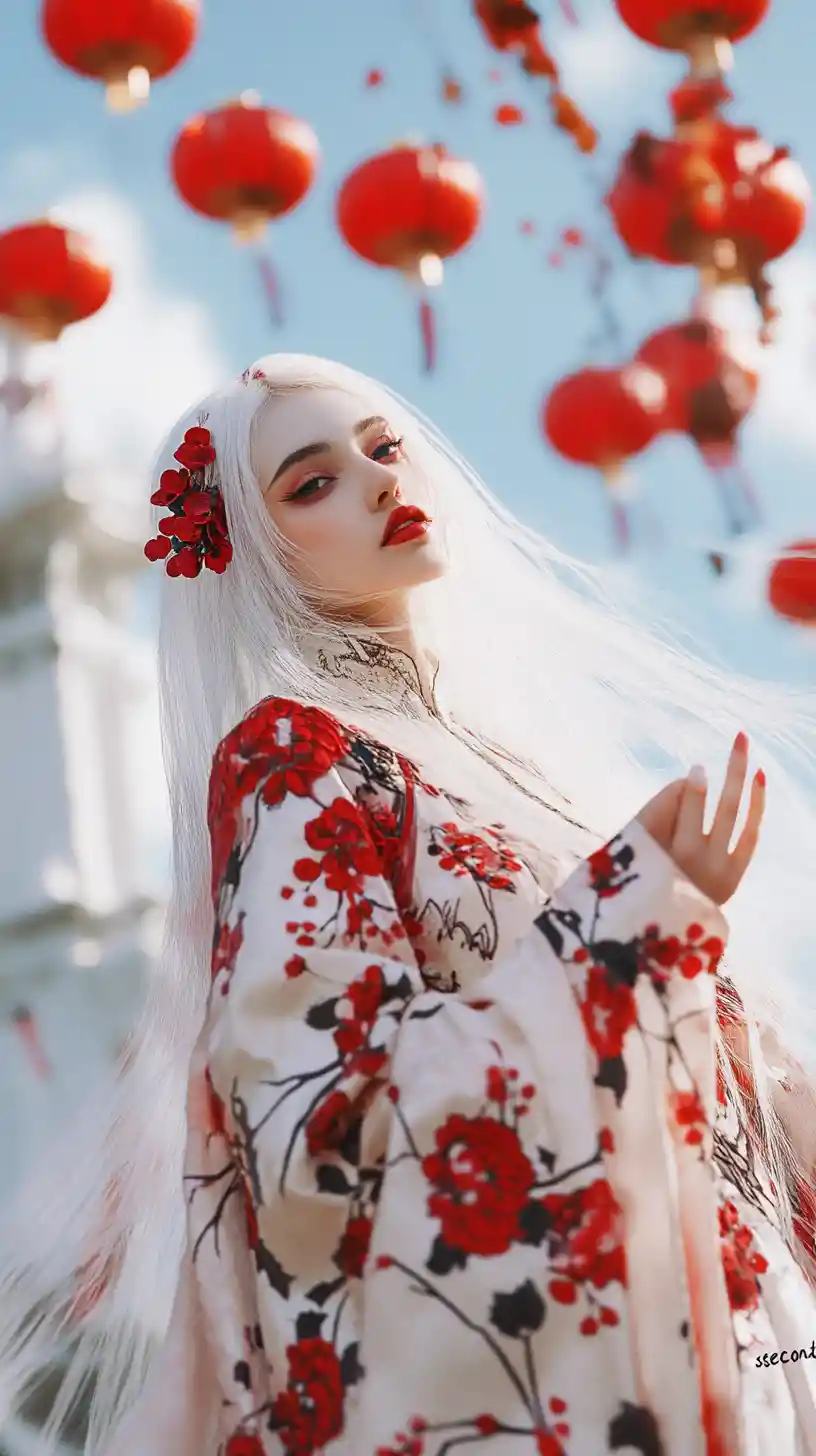 Ethereal white haired woman in a futuristic utopian city