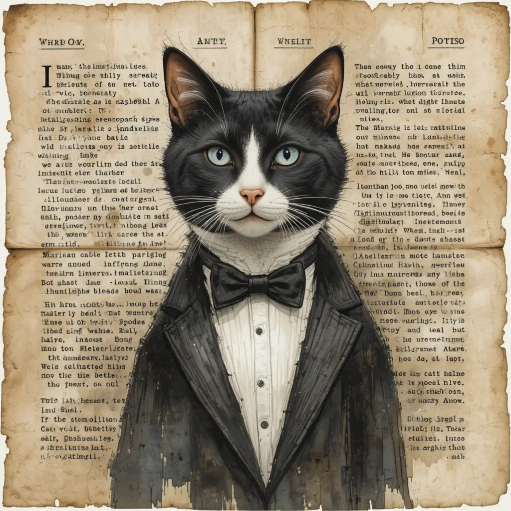 Watercolor tuxedo cat over torn vintage paper collage