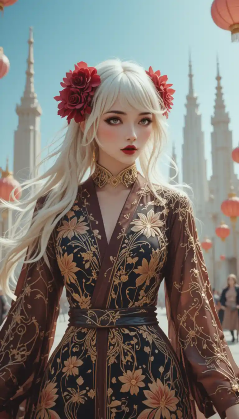 White haired woman in silk robe in sunlit future city