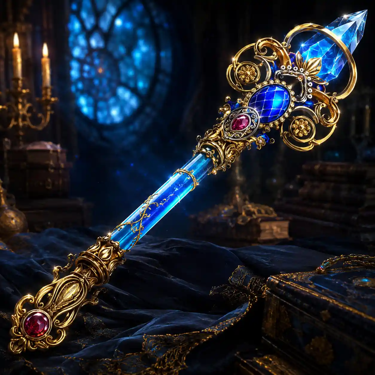 Ornate fantasy scepter with glowing blue handle and gems