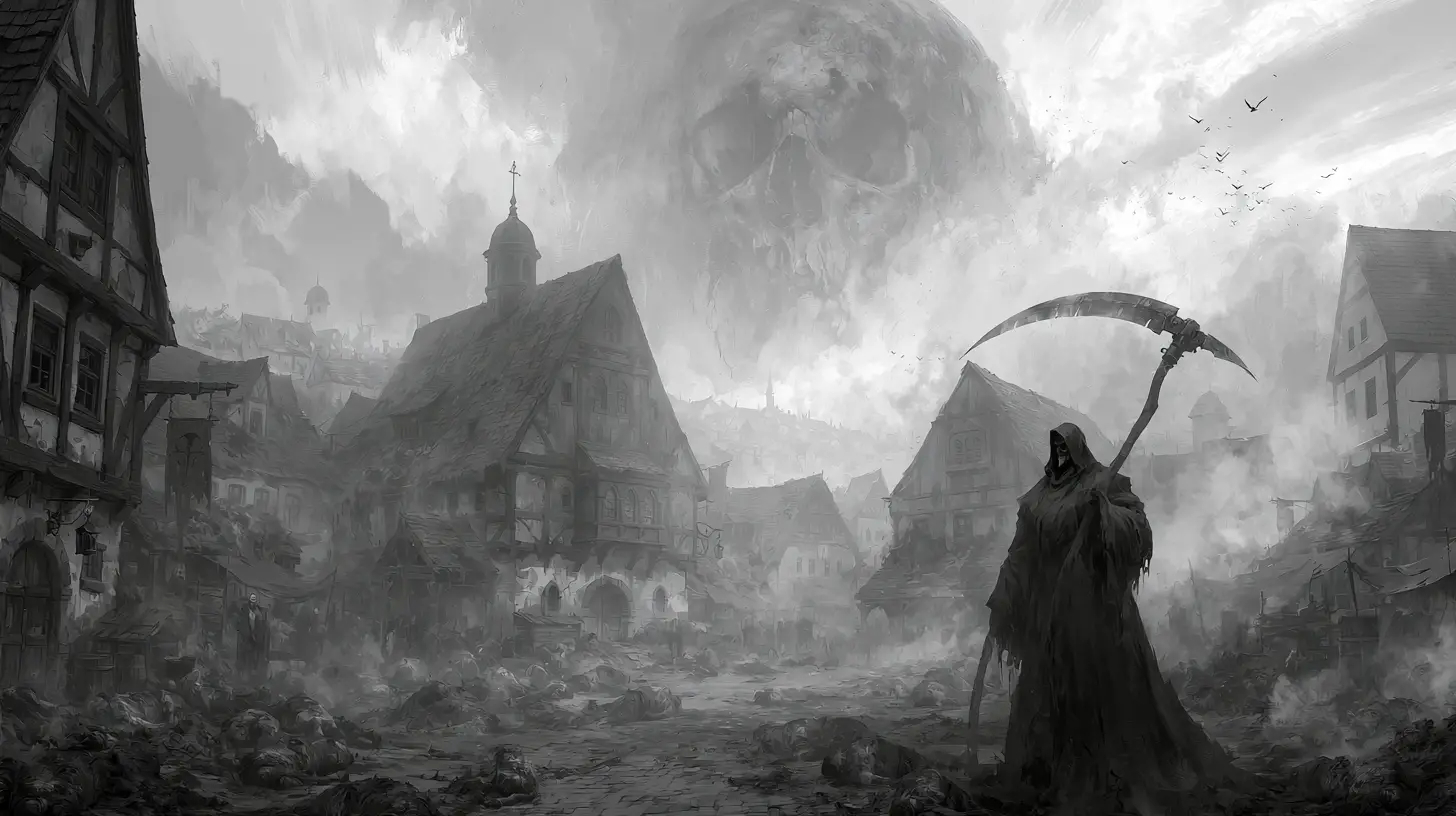 Terrifying grim reaper towering over plague stricken village