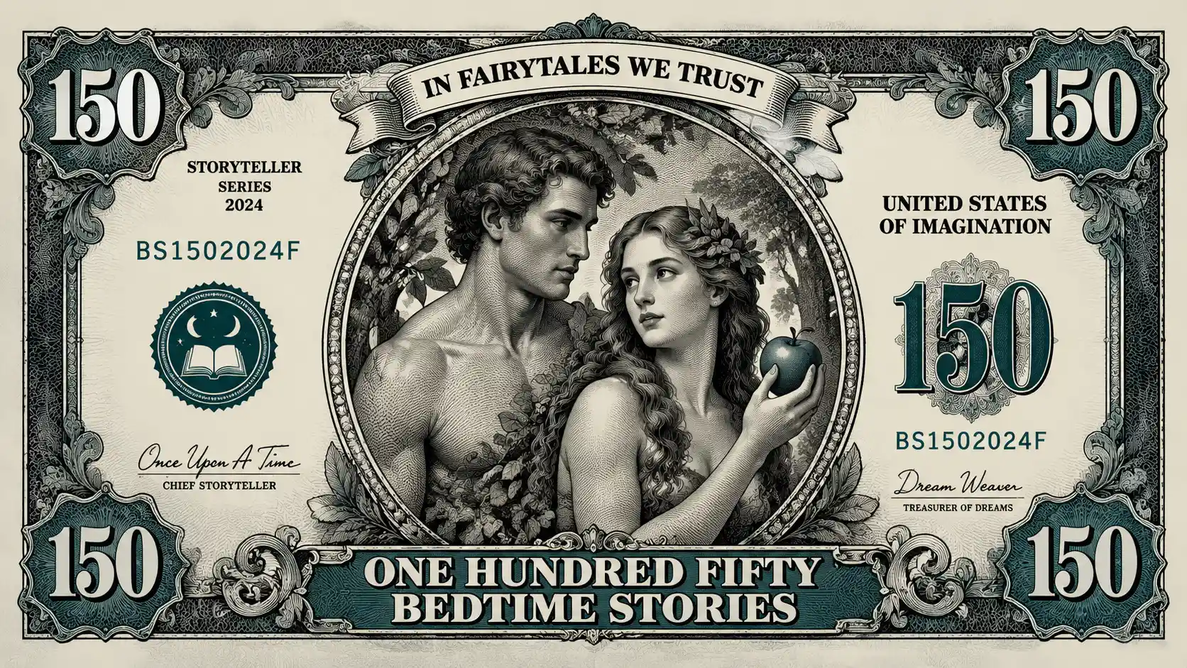 Fantasy 150 dollar bill with Adam and Eve portrait