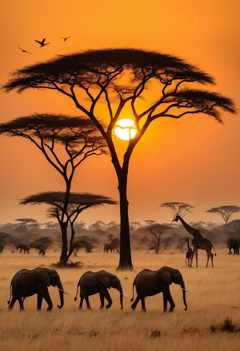 Silhouetted wildlife on an African savanna at sunrise