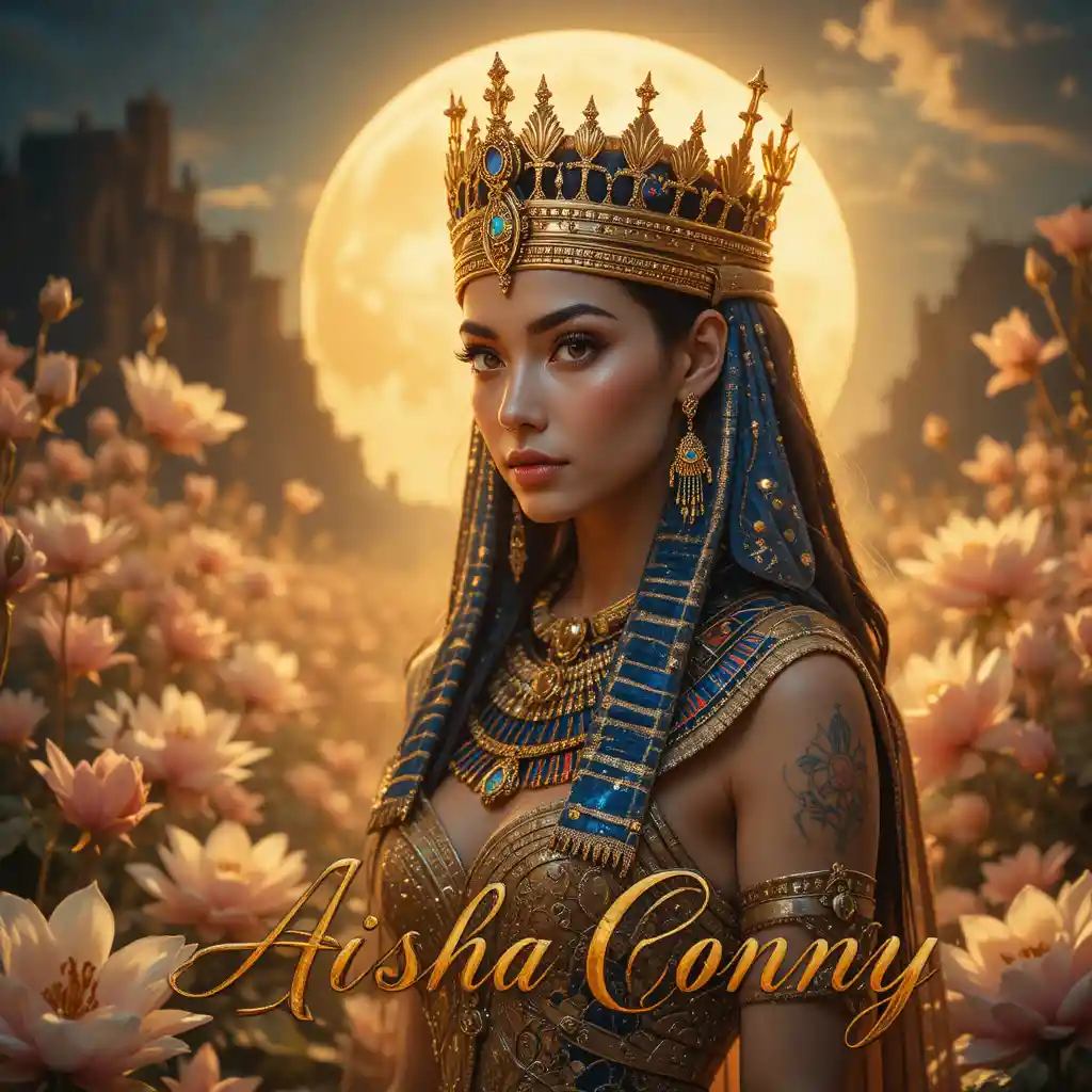 Egyptian queen before the Nile with blooming moonlit flowers