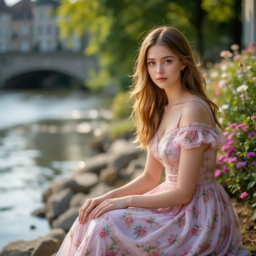 Young woman in dreamy dress by a summer riverbank