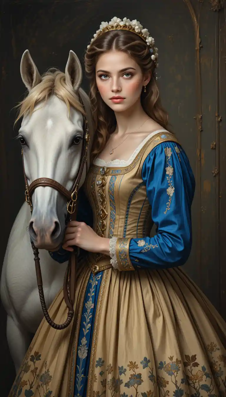 Renaissance woman with white horse in dramatic side light