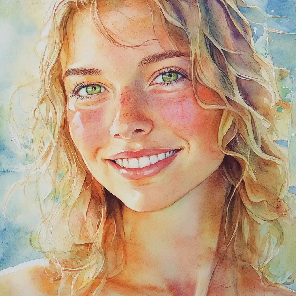 Colorful watercolor portrait of a smiling blonde woman
