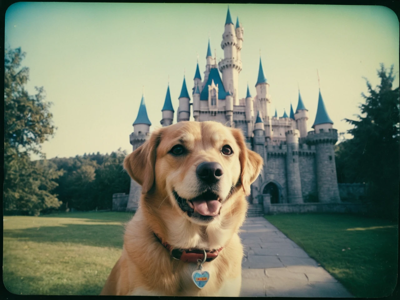 Dog mascot princess standing at a fantasy castle entrance