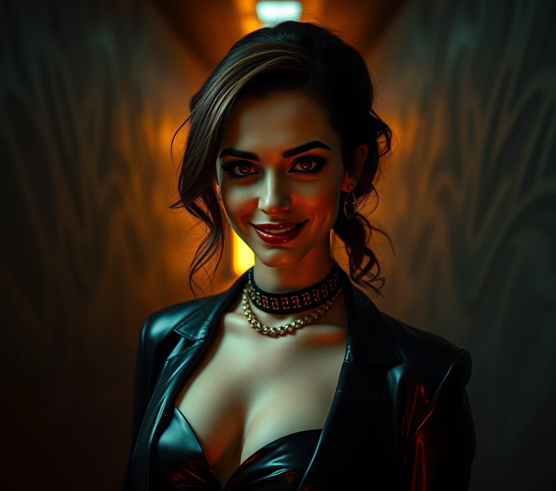 Mysterious femme fatale in a surreal twilight corridor