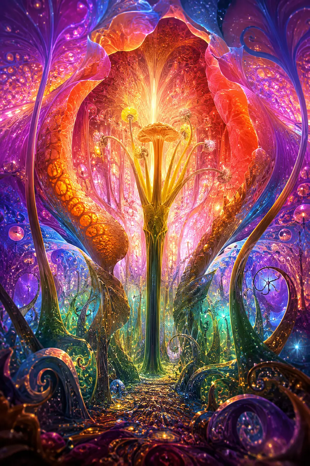 Fantastical inner view of a glowing colorful flower