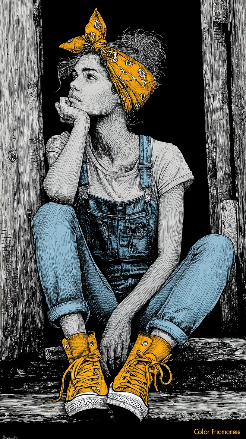 Pensive girl in overalls sitting in a rustic wooden doorway