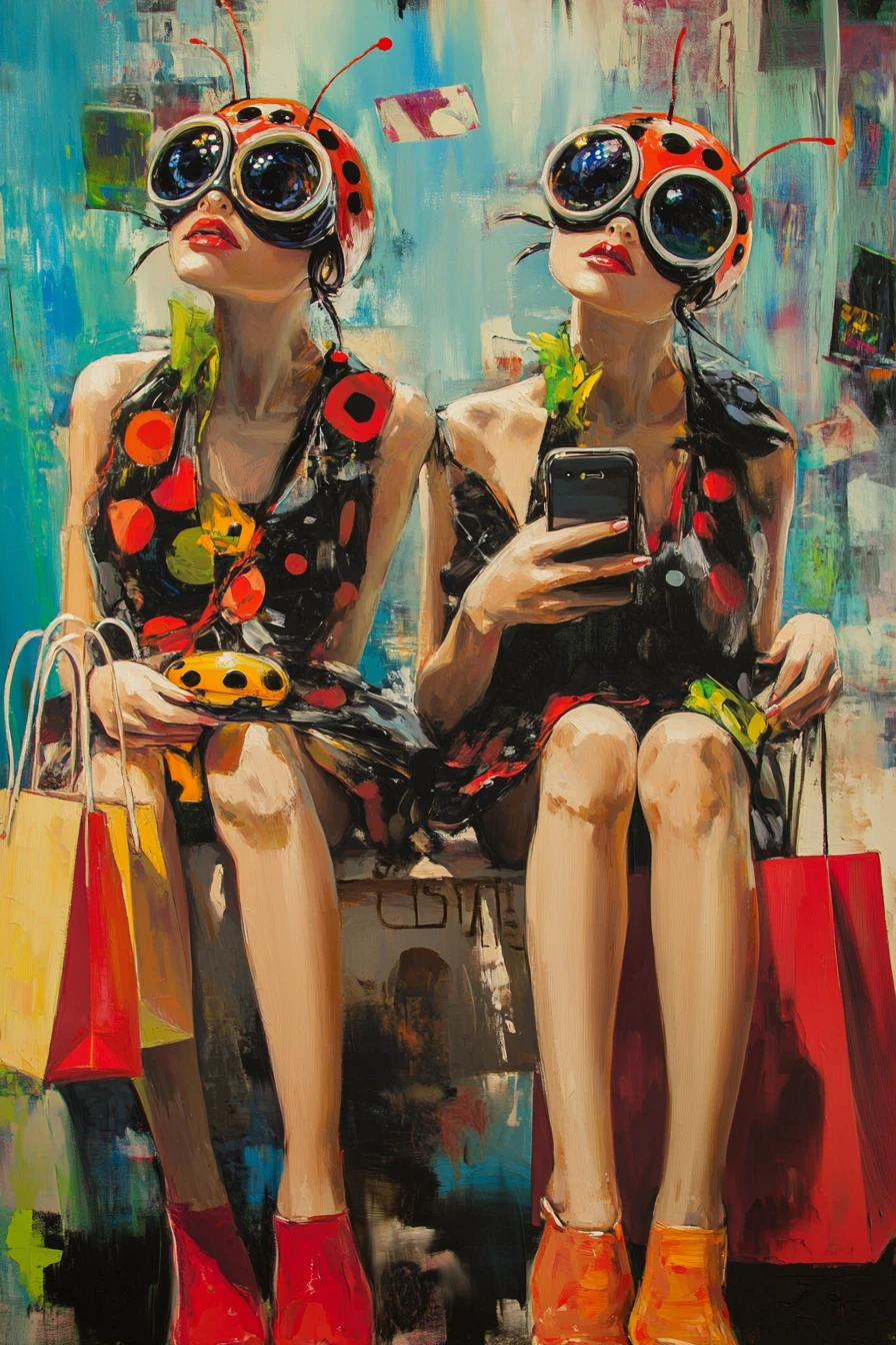 Two ladybug fashionistas shopping in a surreal boutique