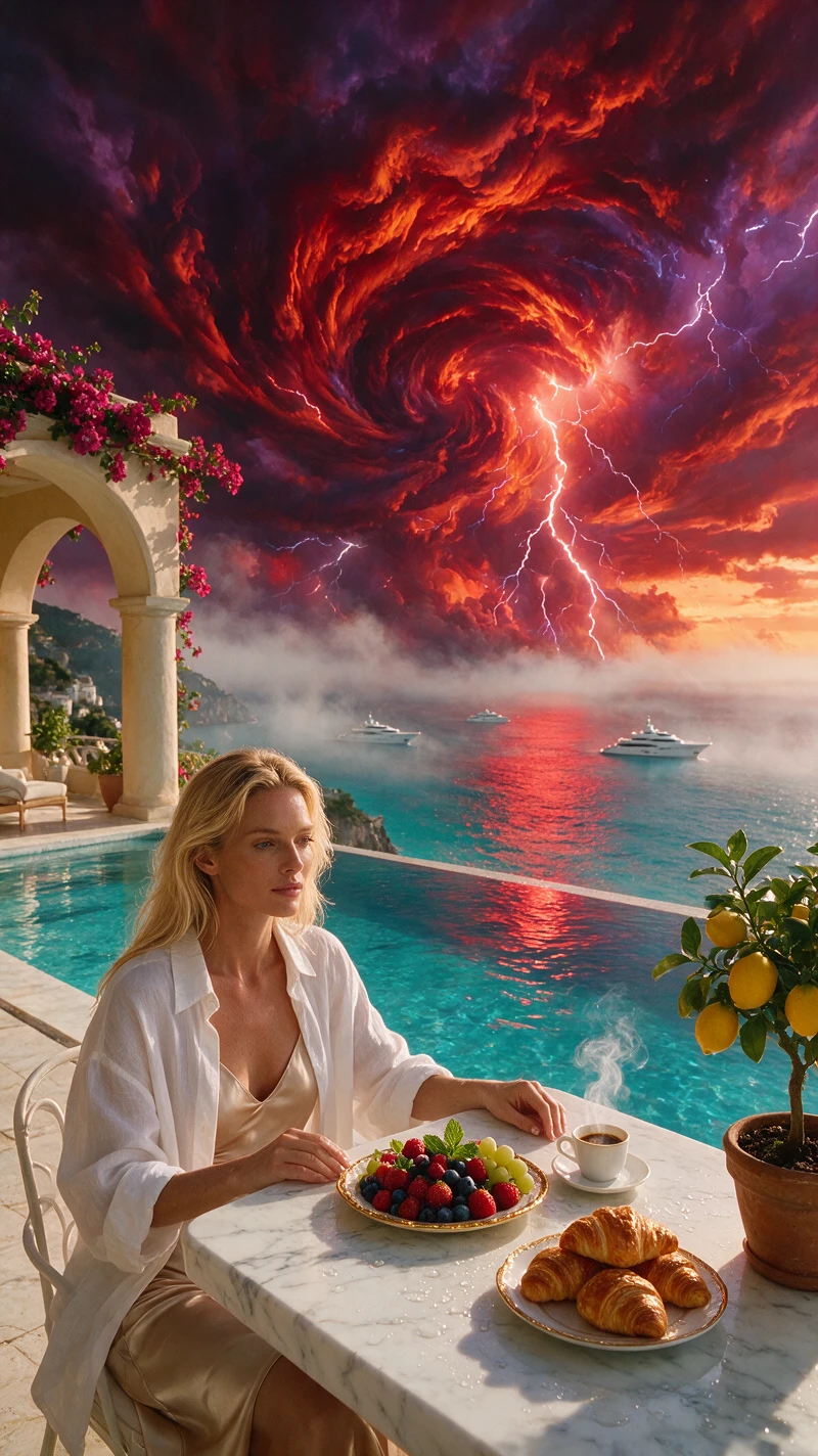 Calm woman on Amalfi terrace under apocalyptic storm sky