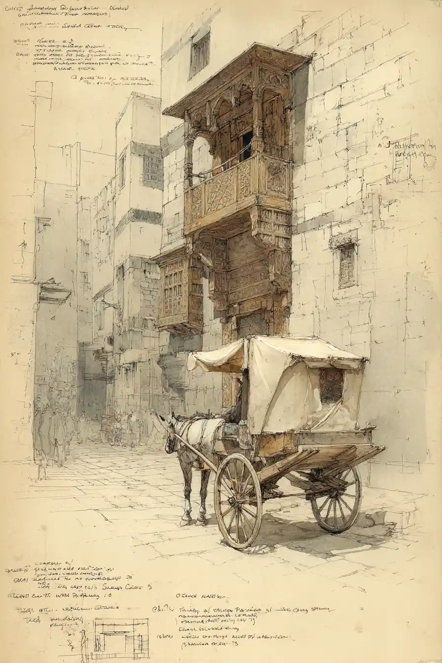 Architectural sketch of an old Cairo street with donkey cart