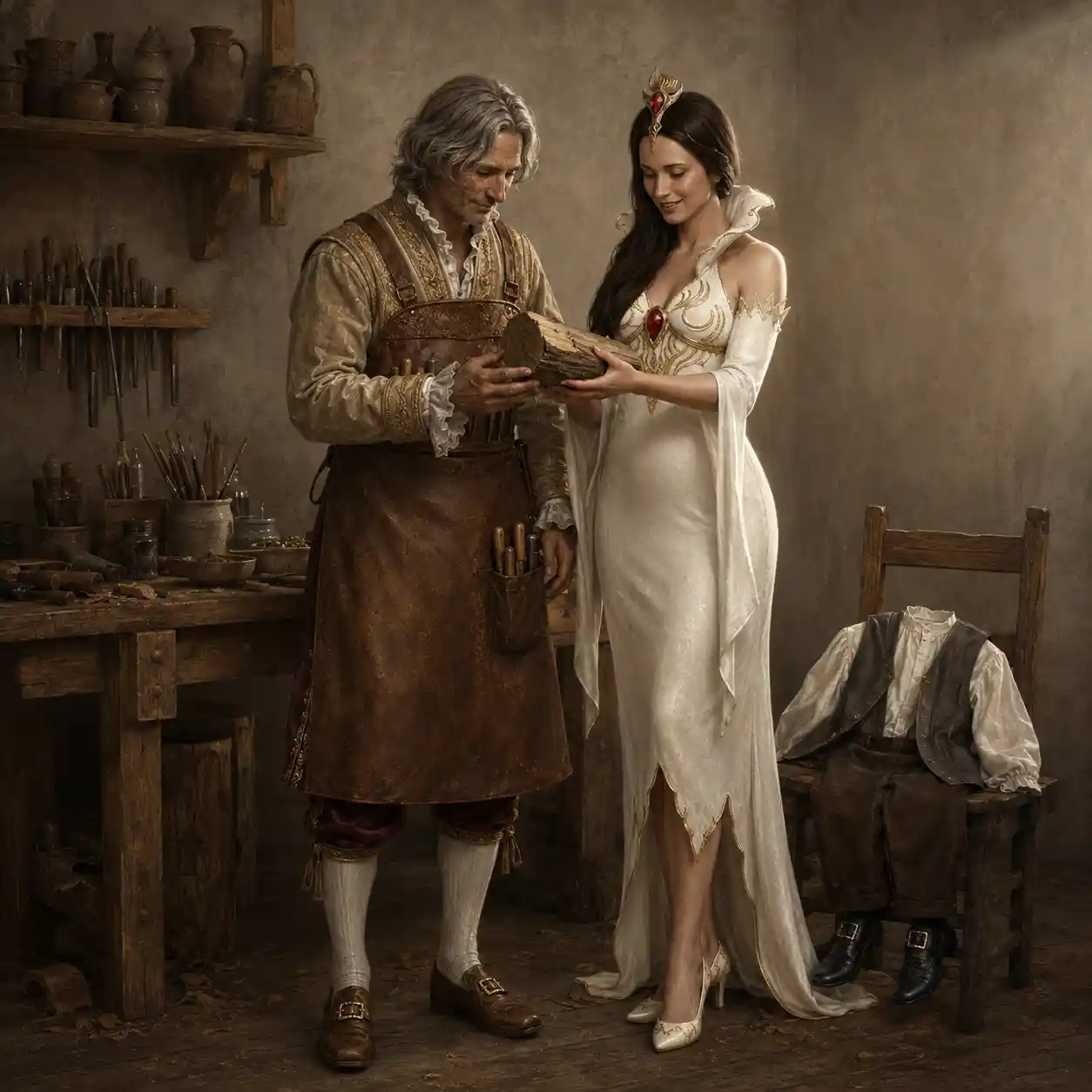 Renaissance style couple standing in a simple wood workshop