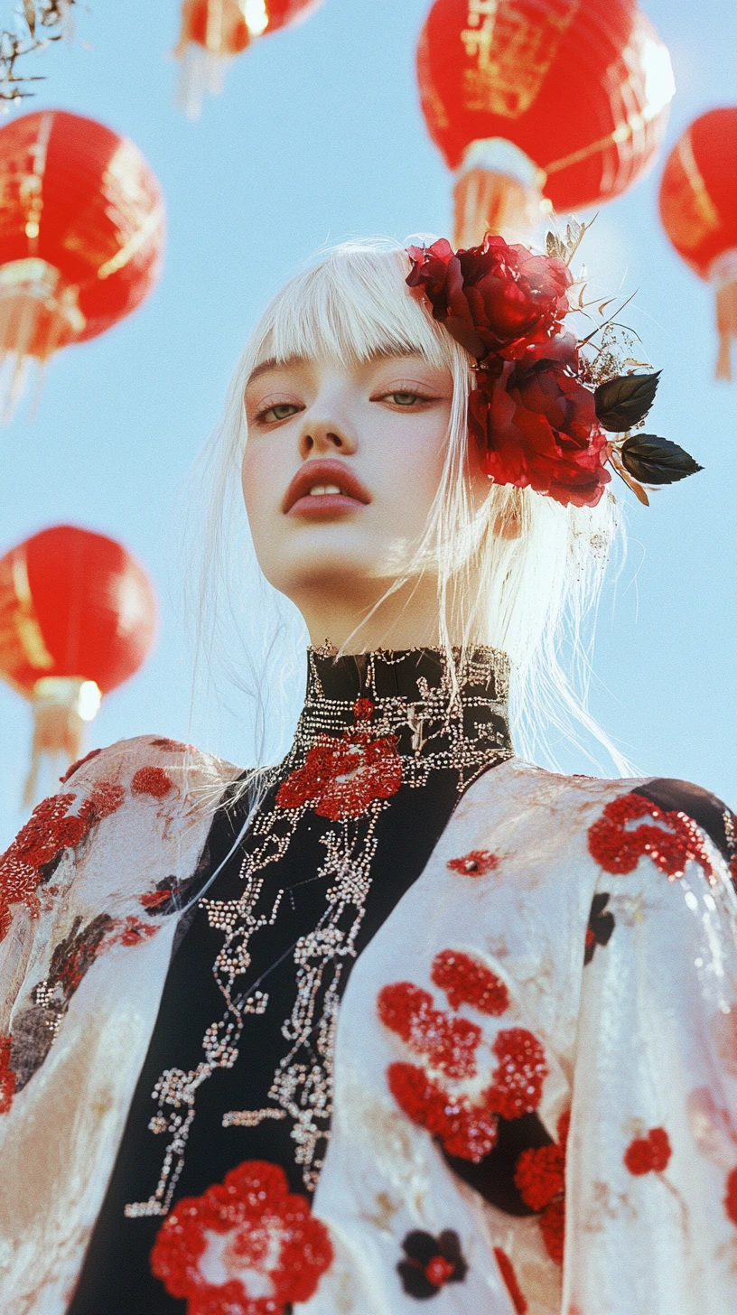White haired woman in silk robe in utopian future city