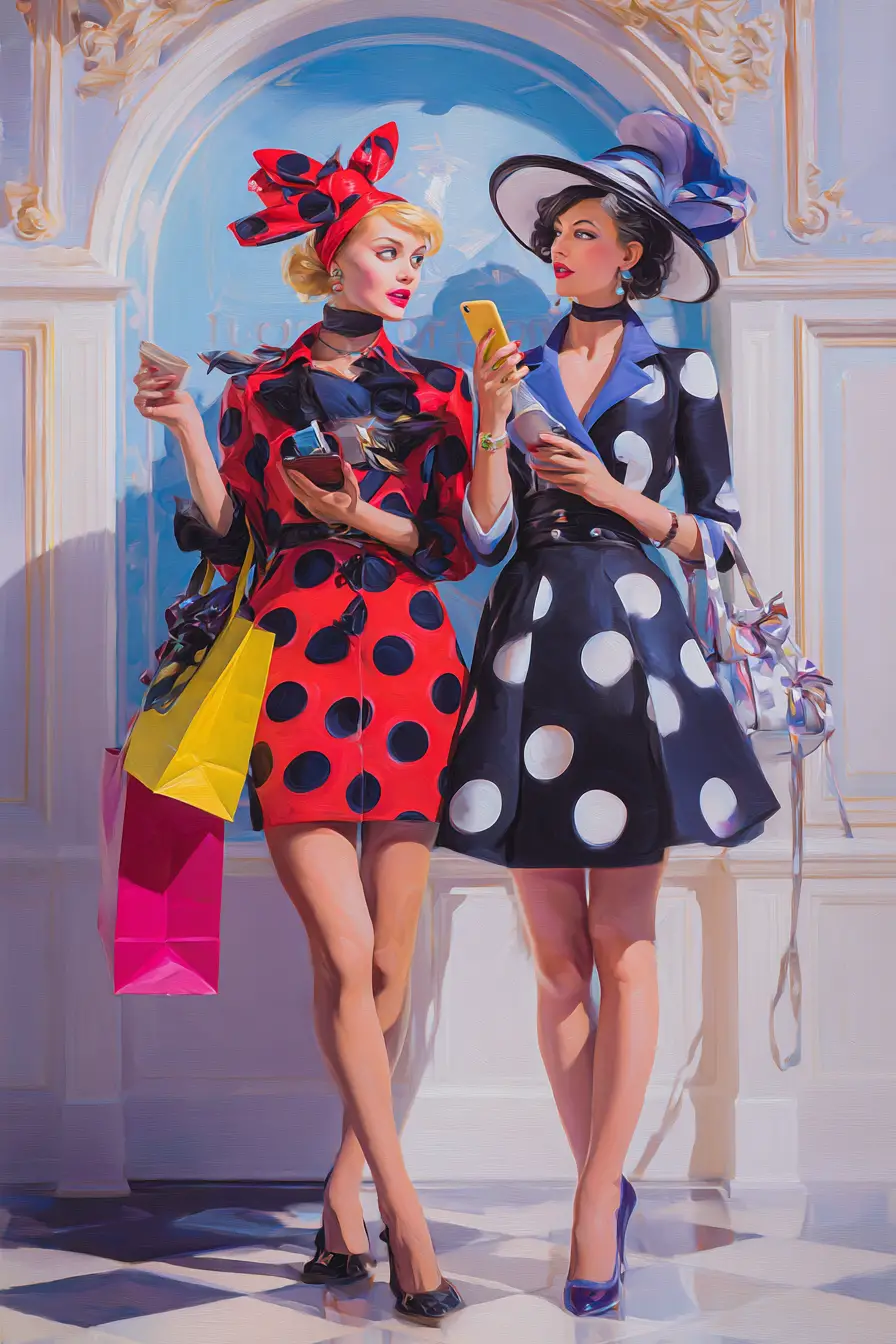 Two ladybug fashionistas shopping in a surreal boutique