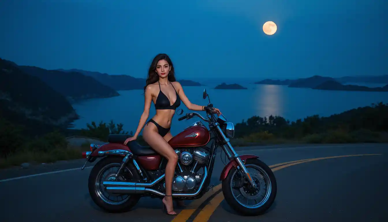 Two women in black bikinis on a motorcycle at dusk