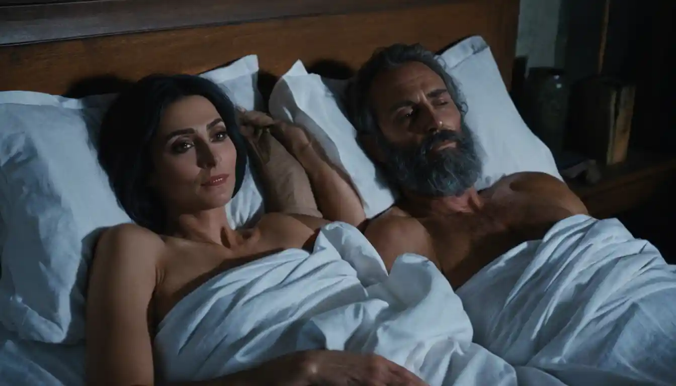 Caucasian couple resting together in a dim bedroom