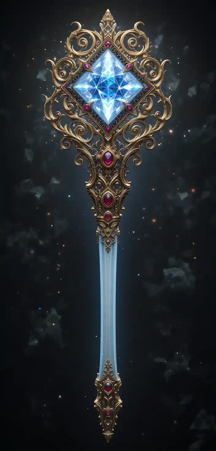 Ornate magical scepter with glowing crystal and gemstones