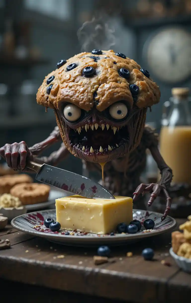 Creepy Blueberry Muffin Attacking Butter With Kitchen Knife