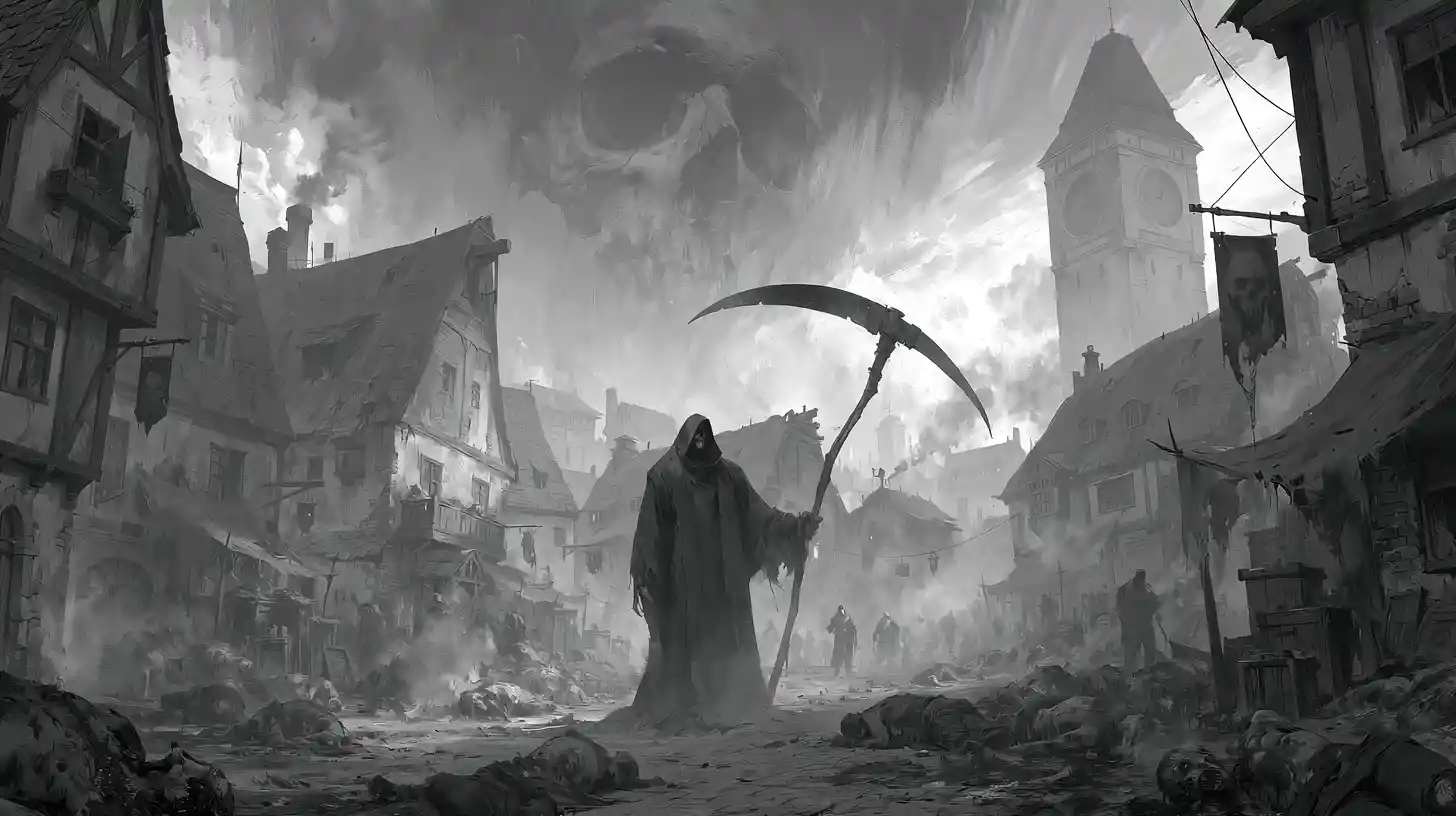 Grayscale grim reaper towering over plague stricken village