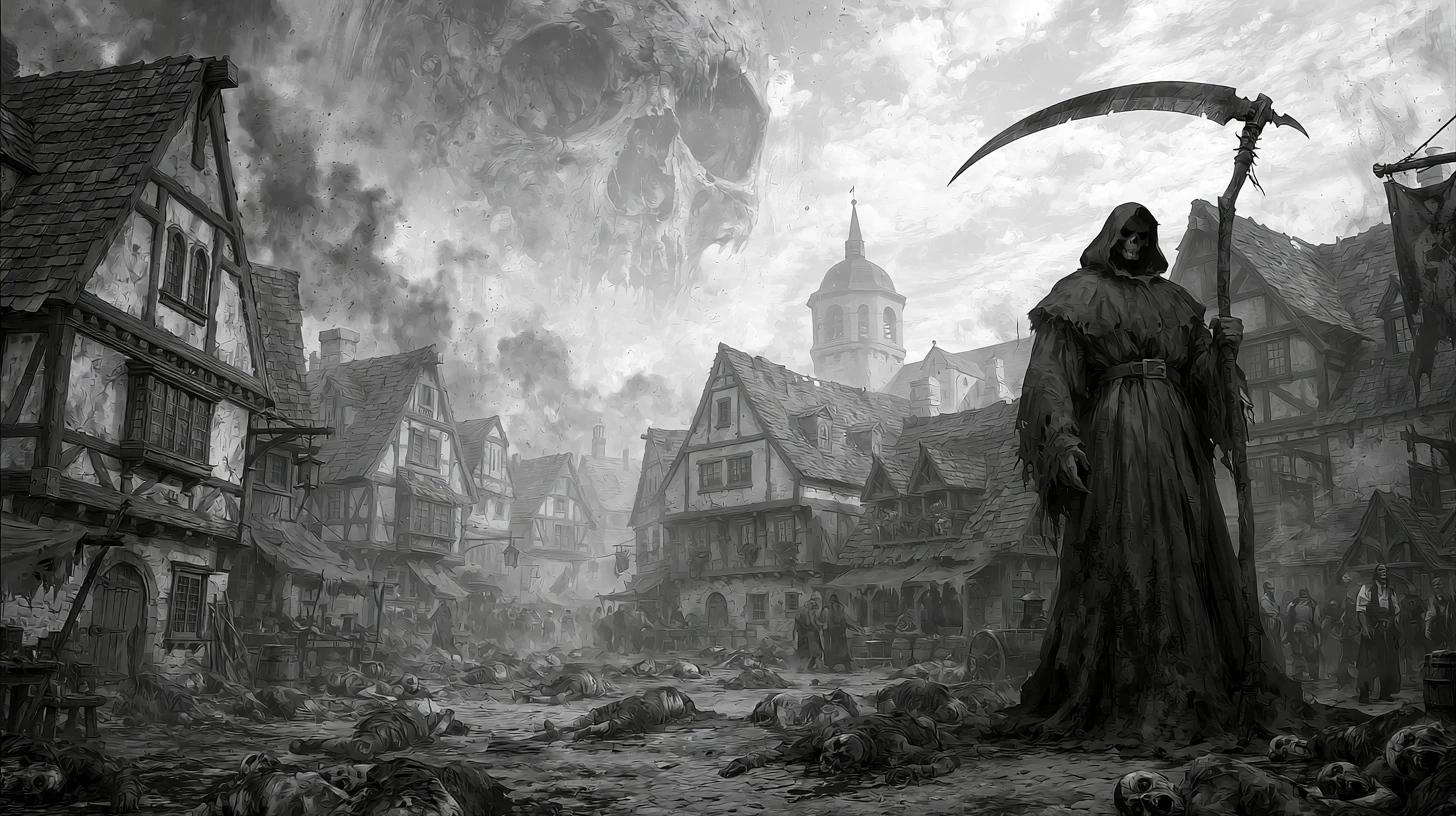 Grayscale grim reaper towering over plague stricken village
