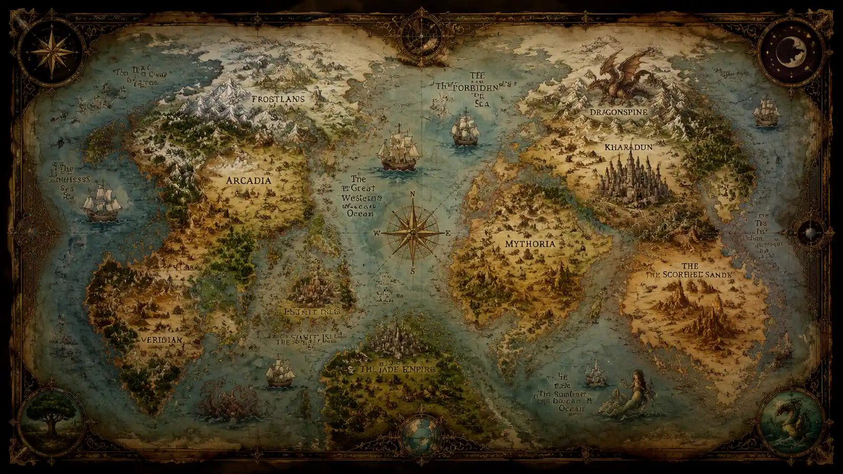Ancient Fantasy World Map With Mythical Lands And Oceans