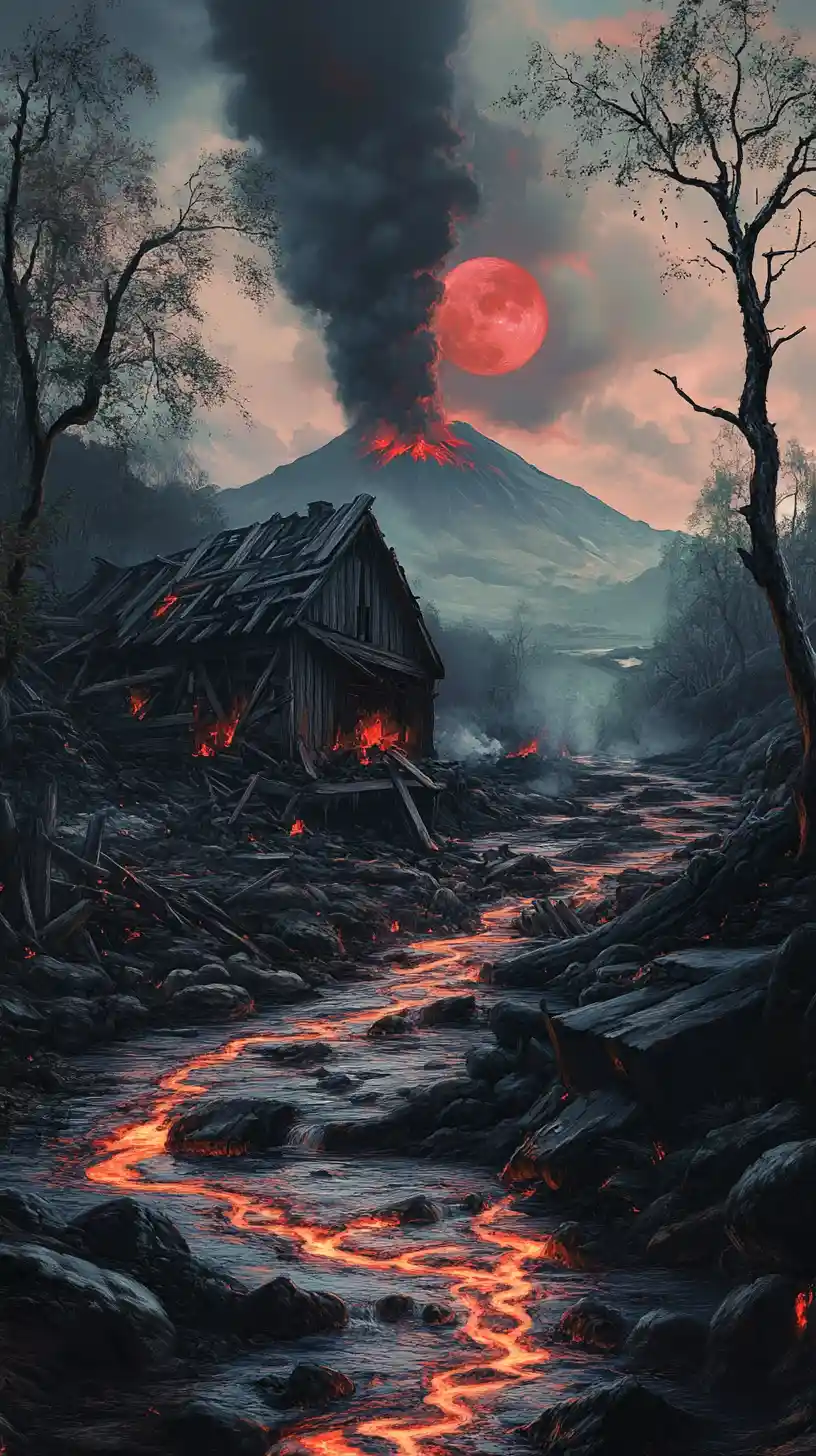 Erupting volcano above lava river and burning wooden ruins