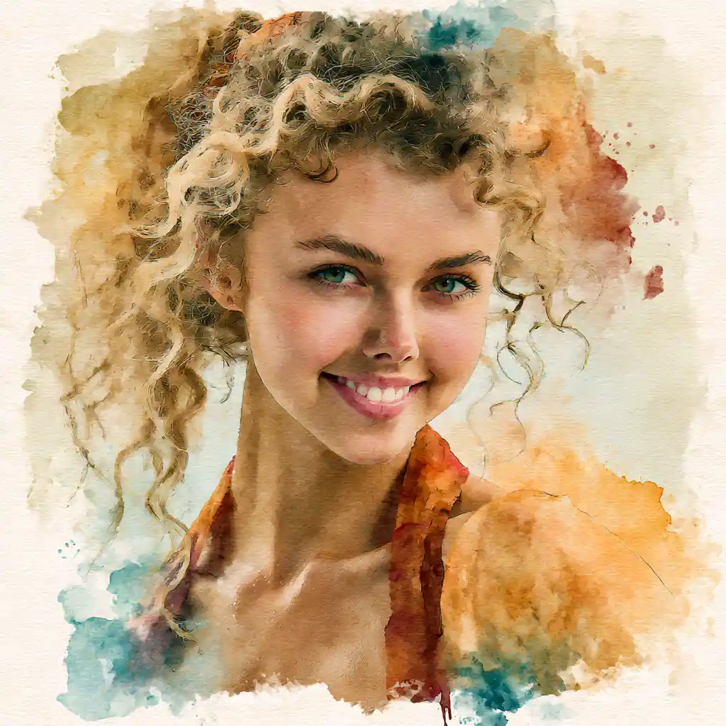 Colorful watercolor portrait of a smiling blond girl