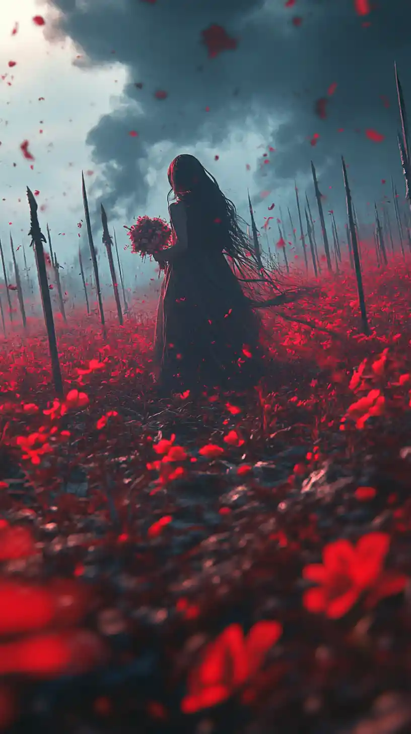 Sad girl walking through a field of swords and red mist
