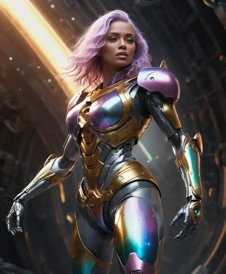 Curvy space explorer woman advancing from the shadows