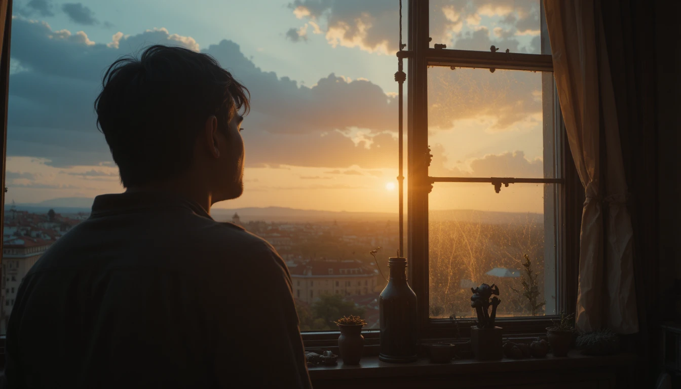 Woman gazing through a window at the first morning sunlight