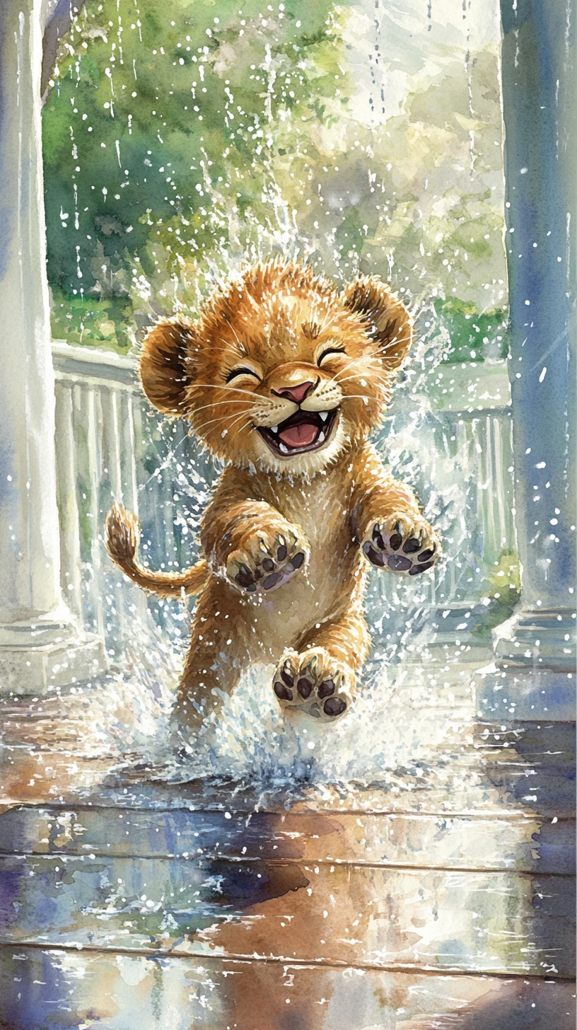在濕滑門廊上抖落雨水的玩耍小獅子