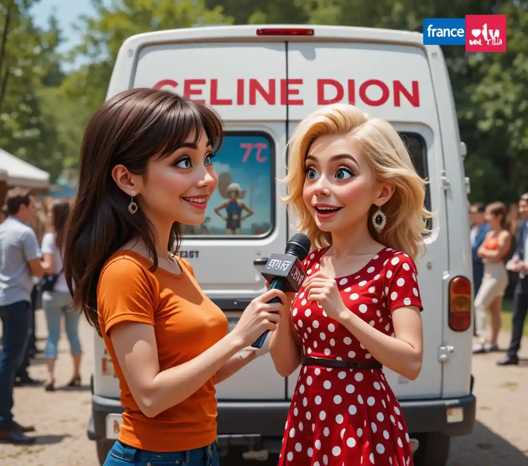 Young reporter interviewing singer at outdoor van stage