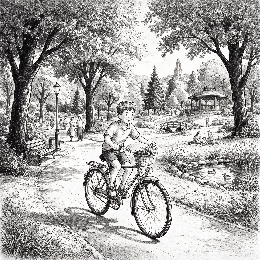 Boy riding a bicycle through a detailed park scene