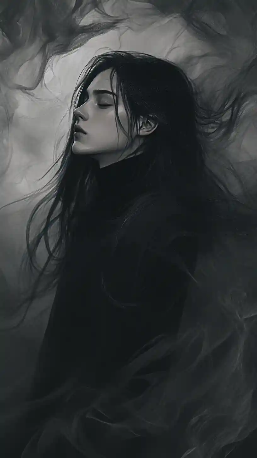 Melancholic profile of a girl in swirling dark shadows