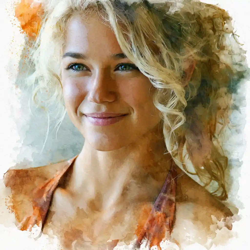 Colorful watercolor portrait of a smiling blonde woman