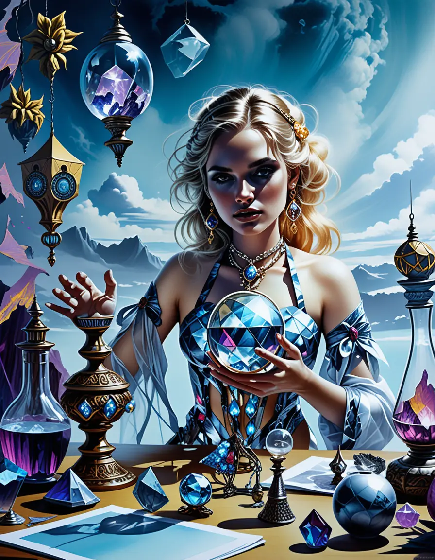 Fantasy tabletop crystals and magical apothecary display