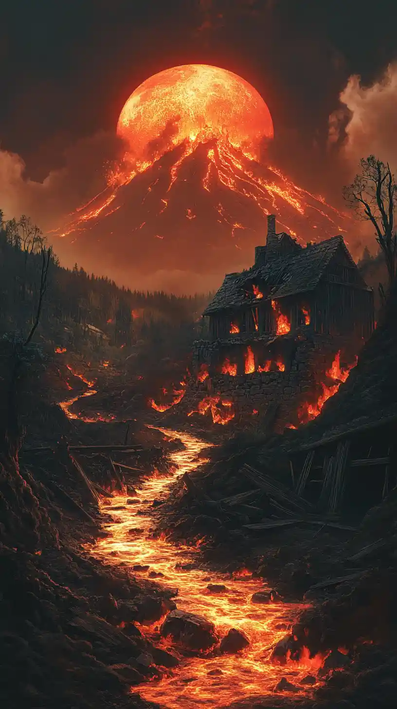 Distant erupting volcano above a burning lava river