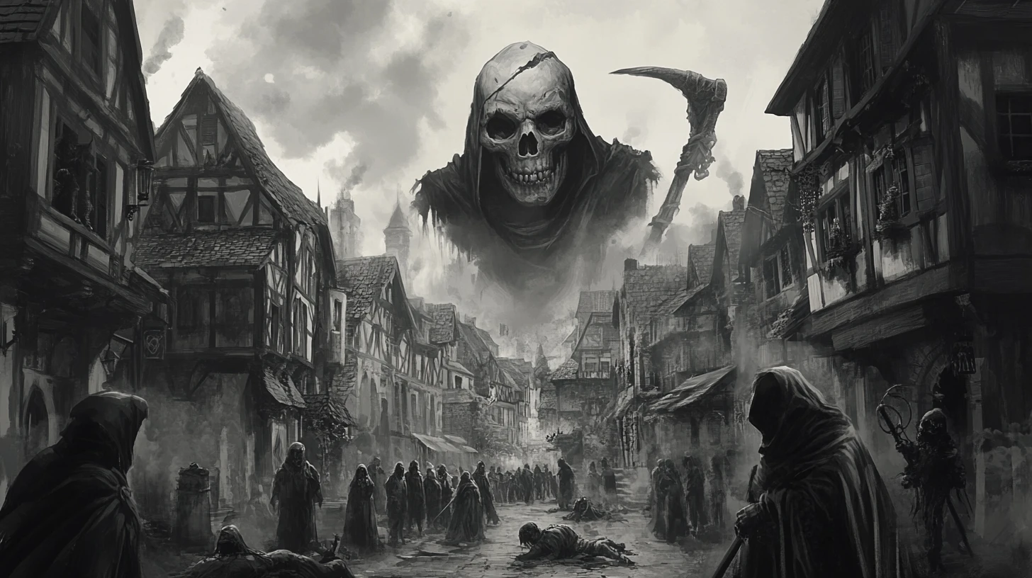Grim reaper towering over plague stricken grayscale village