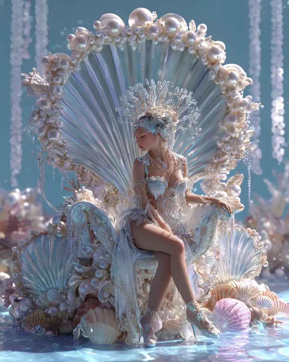Mermaid queen on a luminous pearl shell throne underwater