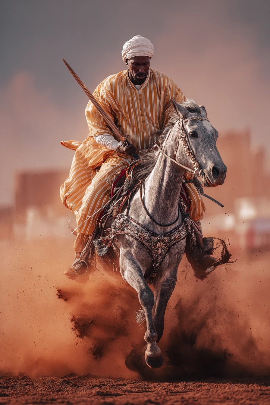 Moroccan rider on rearing horse in dramatic dust and sunlight