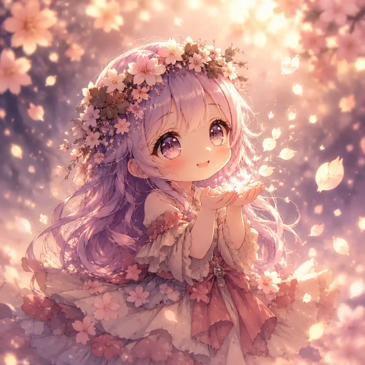 Chibi anime girl catching glowing cherry blossom petals