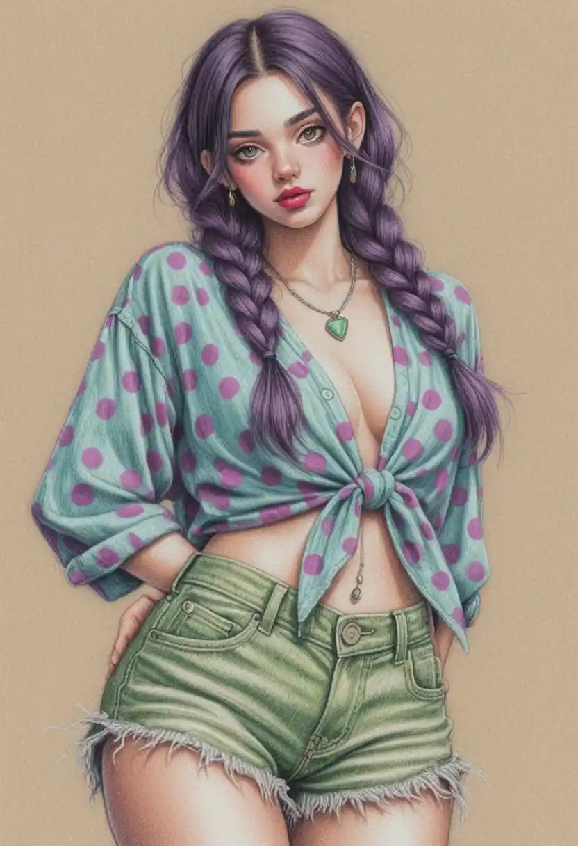 Young woman portrait in colored pencil with braided hair