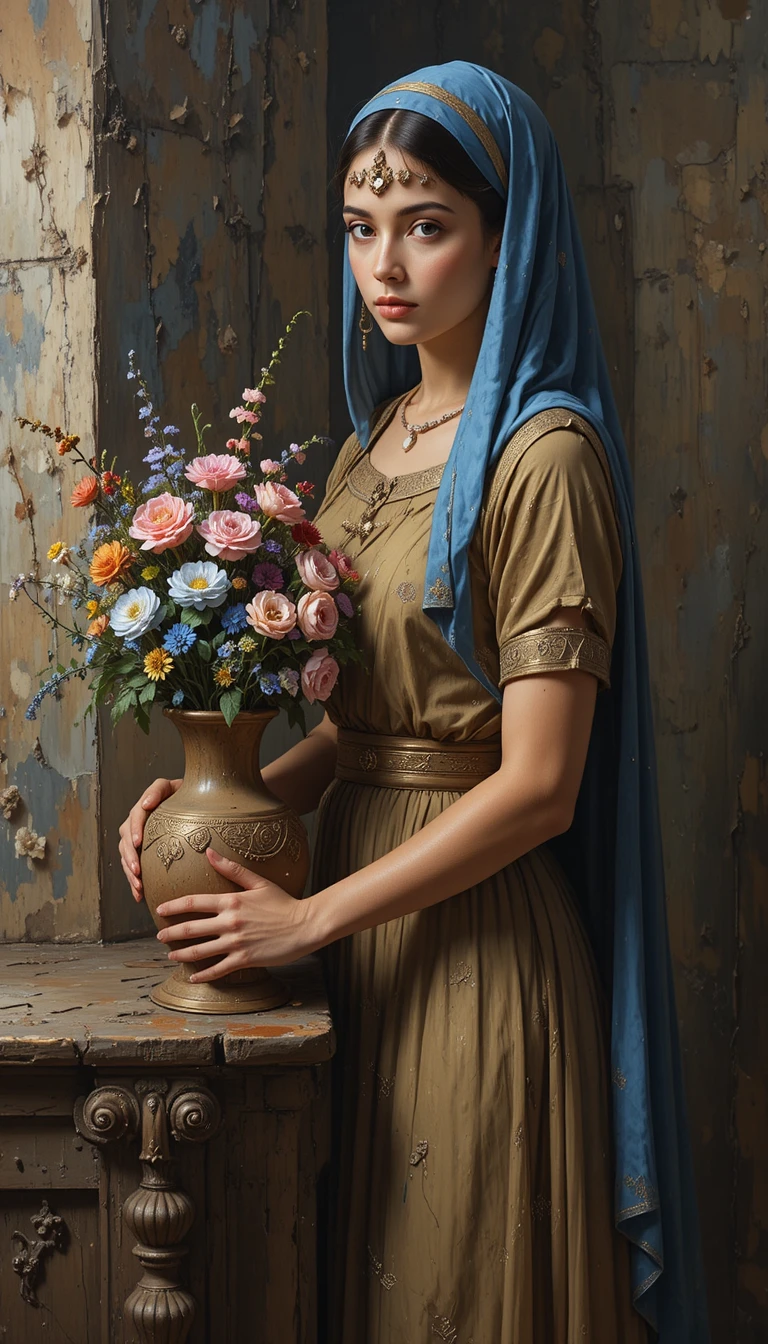 Young egyptian servant girl holding a vase of flowers