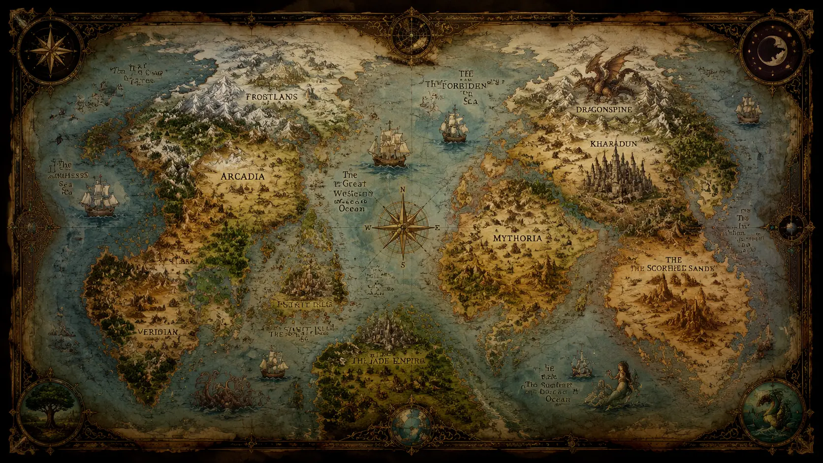 Ancient Fantasy World Map With Mythical Lands And Oceans