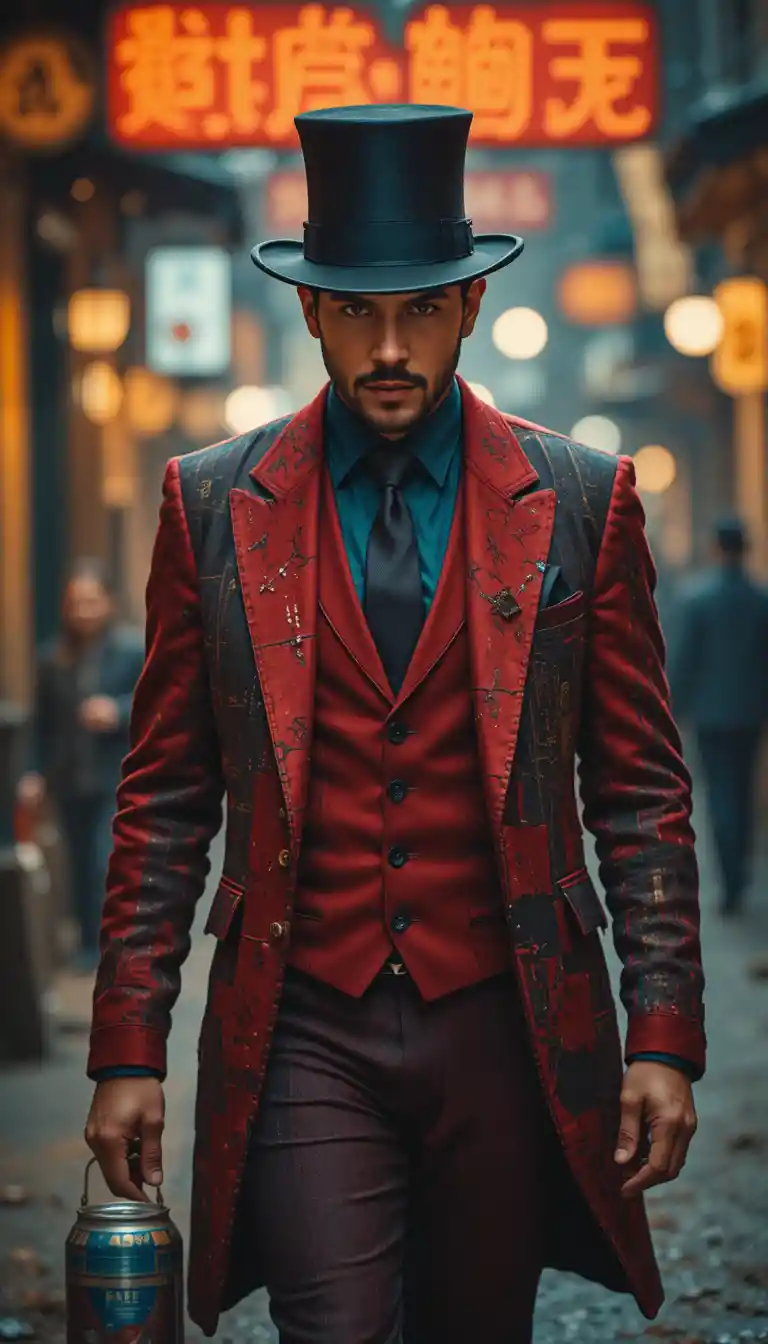 Man in patchwork suit and top hat with walking cane