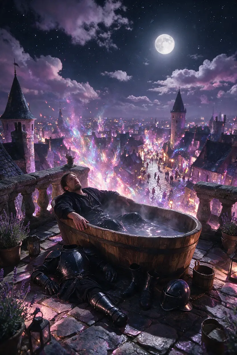 Man in outdoor bathtub beside scattered medieval armor pieces
