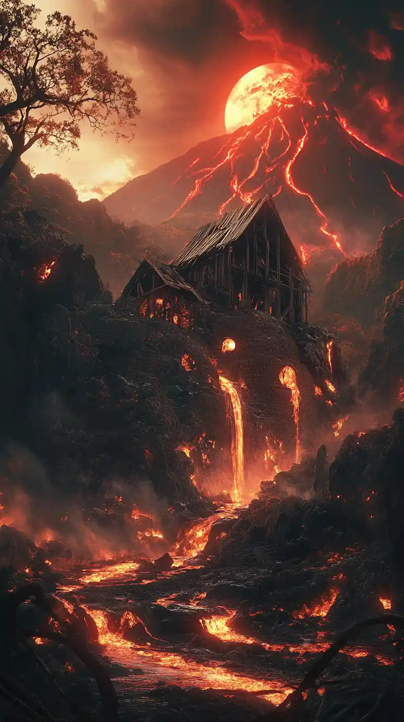 Erupting volcano and lava river under an ominous red moon